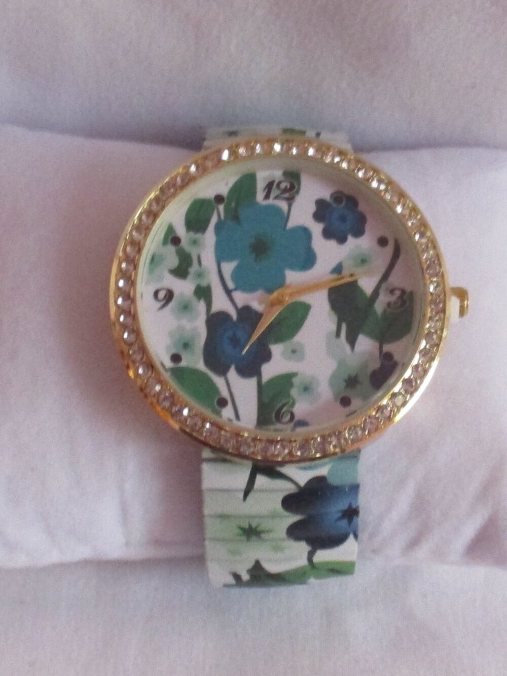 STRADA Austrian Crystal Blue Flower Stretch Watch Stainless Steel Strap